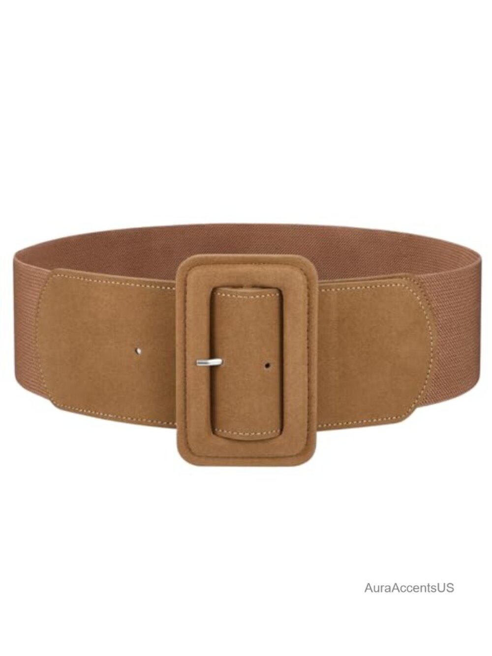 Wide Suede Elastic Belt with Vintage Chunky Square Buckle, Adjustable Waist